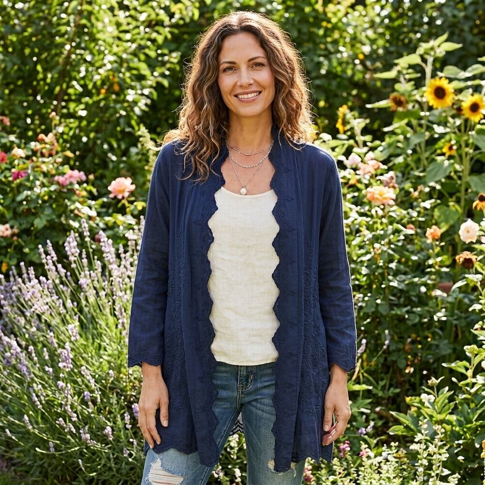 Soft Surroundings Sonoma Embroidered Open Cardigan Navy Blue SP NWT Scalloped